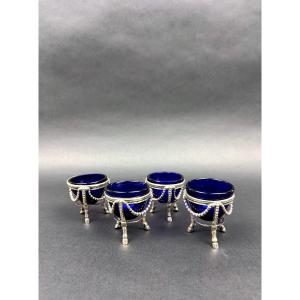 Suite Of 2 Pairs Of Solid Silver Salerons, 1 Pair Fermiers Généraux, 1 Pair Minerve