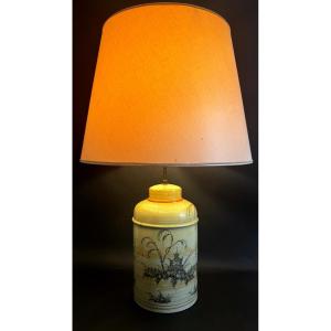 Large Table Lamp In Italian Glazed Stoneware, Asian Rotating Scene