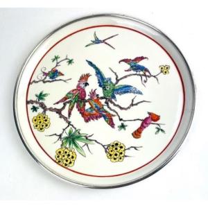 Serving Dish, Pie Dish, Silver-rimmed Porcelain, Branching Parrots
