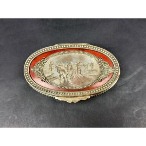 Boîte, coffret à bijoux en cuivre argenté, scène champêtre 