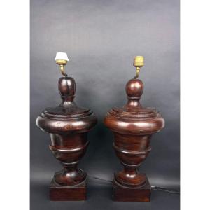 Paire de pieds de lampe en bois tourné