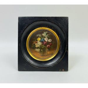 Bouquet de fleurs, miniature peinte dans son cadre noir et or, vers 1900