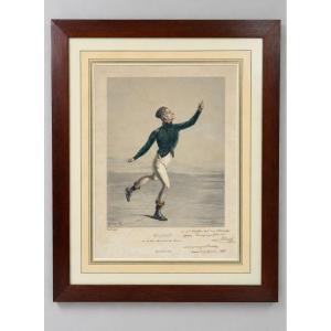 Billiaut On The Ice In The "mercure" Pose, 19th-century Color Lithograph, Inscribed