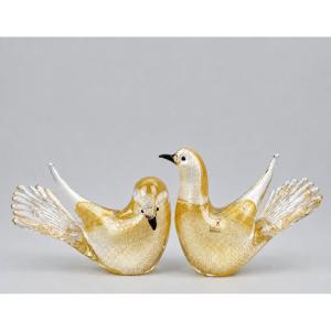 Paire de colombes en verre de Murano et paillons d'or signées Formia