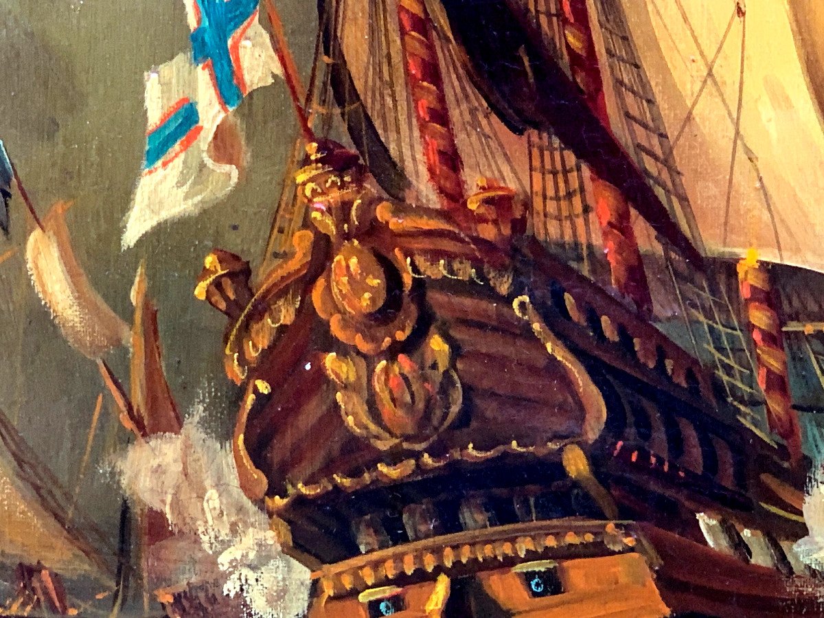 Oil On Canvas, Naval Battle By Georges Mallet-photo-3