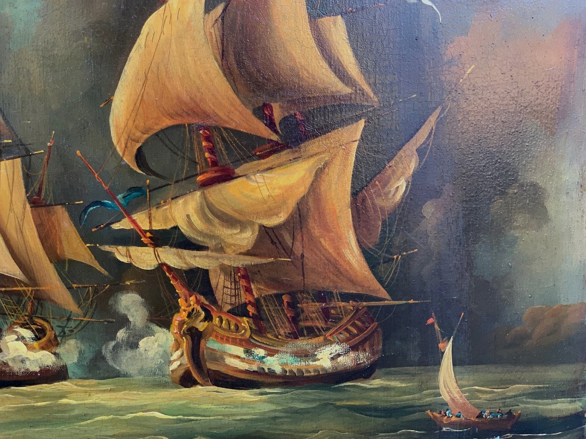 Oil On Canvas, Naval Battle By Georges Mallet-photo-4