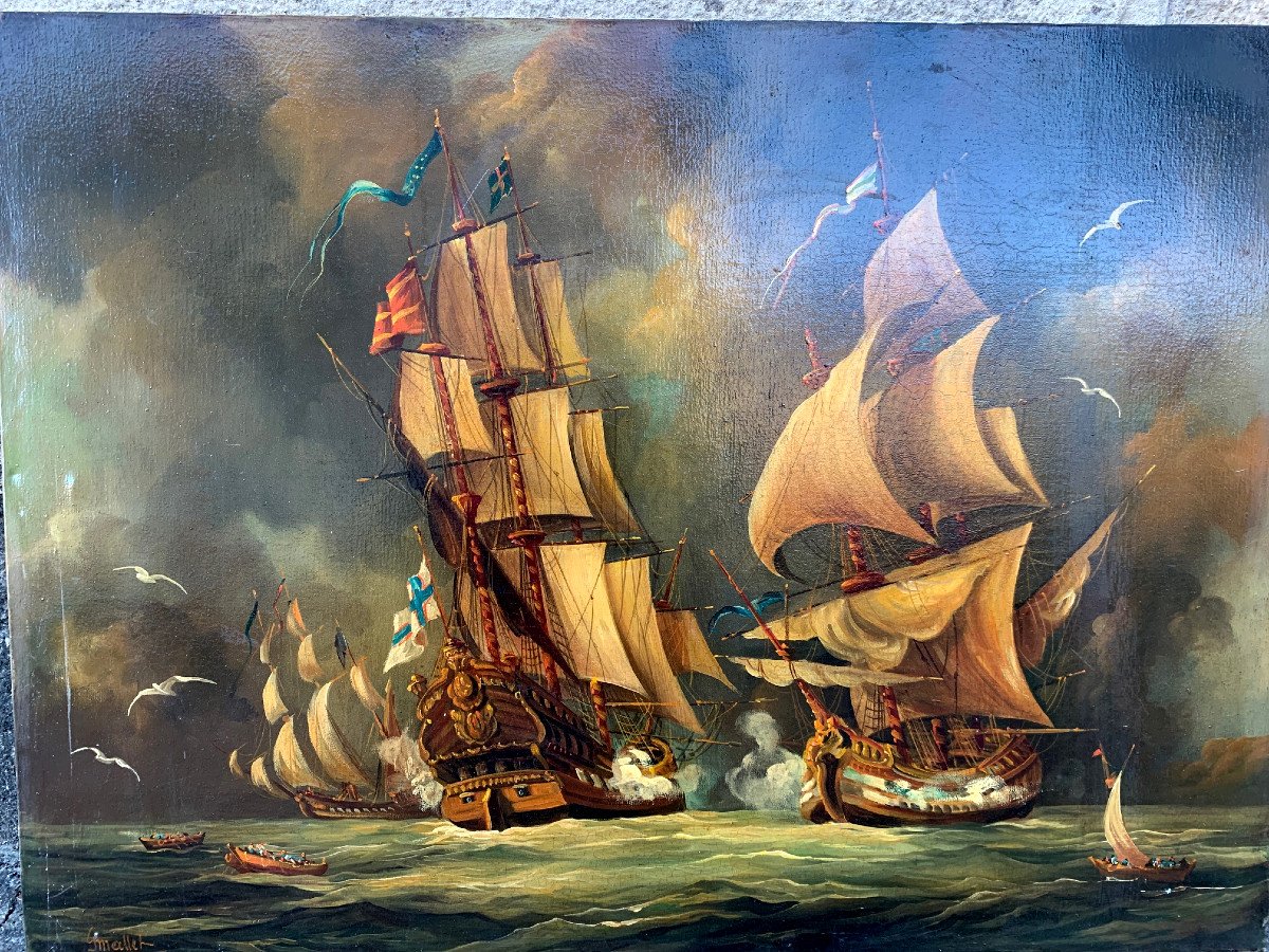 Oil On Canvas, Naval Battle By Georges Mallet