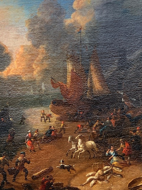Ecole hollandaise XVII° siècle, scène de marché dans un port-photo-2