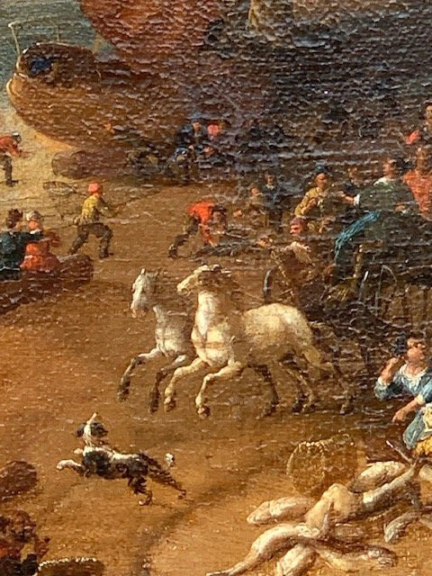 Ecole hollandaise XVII° siècle, scène de marché dans un port-photo-4