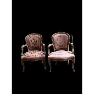 Pair Of Louis XV Style Cabriolets In Golden Wood And Petit Point Tapestries 