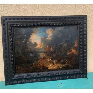 Ecole hollandaise XVII° siècle, scène de marché dans un port
