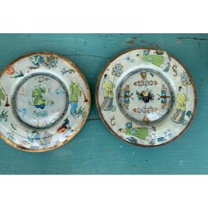 Pair Of Plates With Glass Bases, Chinese Motifs, 19th Century 