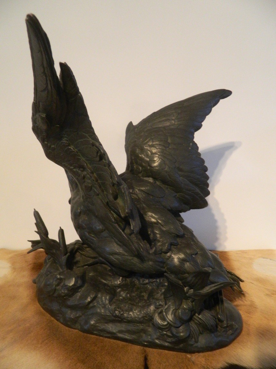 Large Spelter Sculpture "duck Trapped" Signed Comolera-photo-3