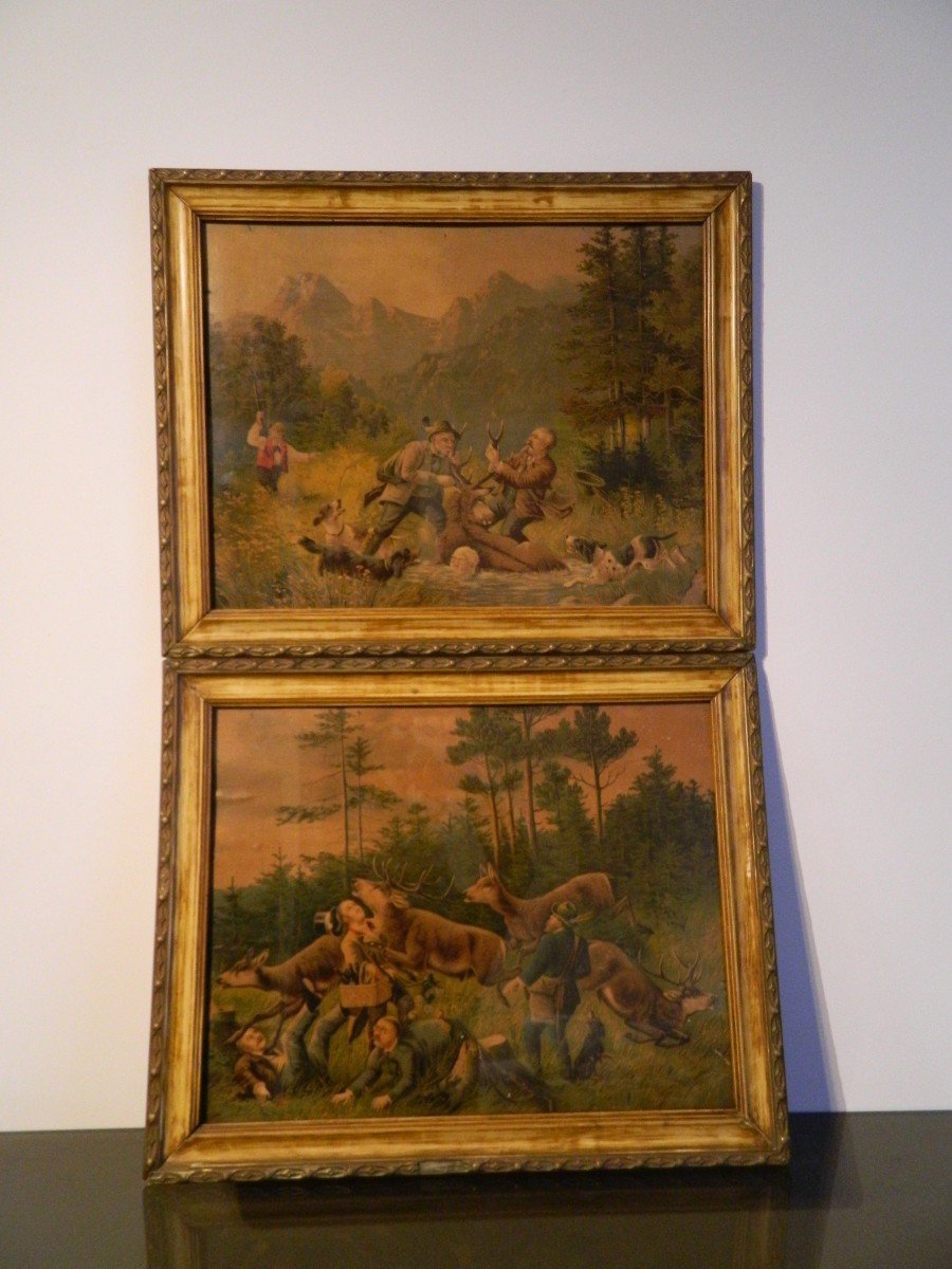 Pair Of Lithographs "deer Hunting"-photo-4