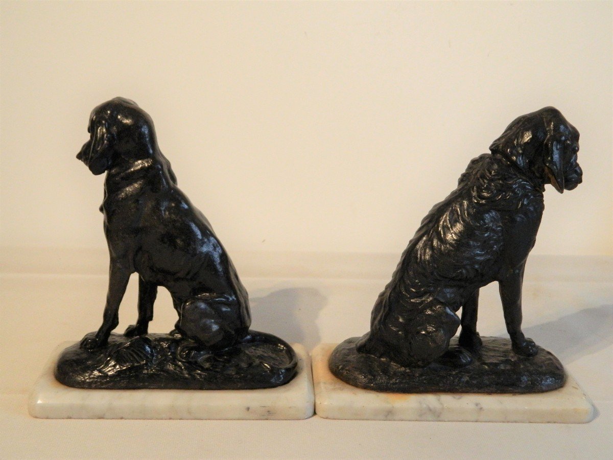Hunting Dogs After Jacquemart - Pair Of Cast Iron And Marble Bookends-photo-2