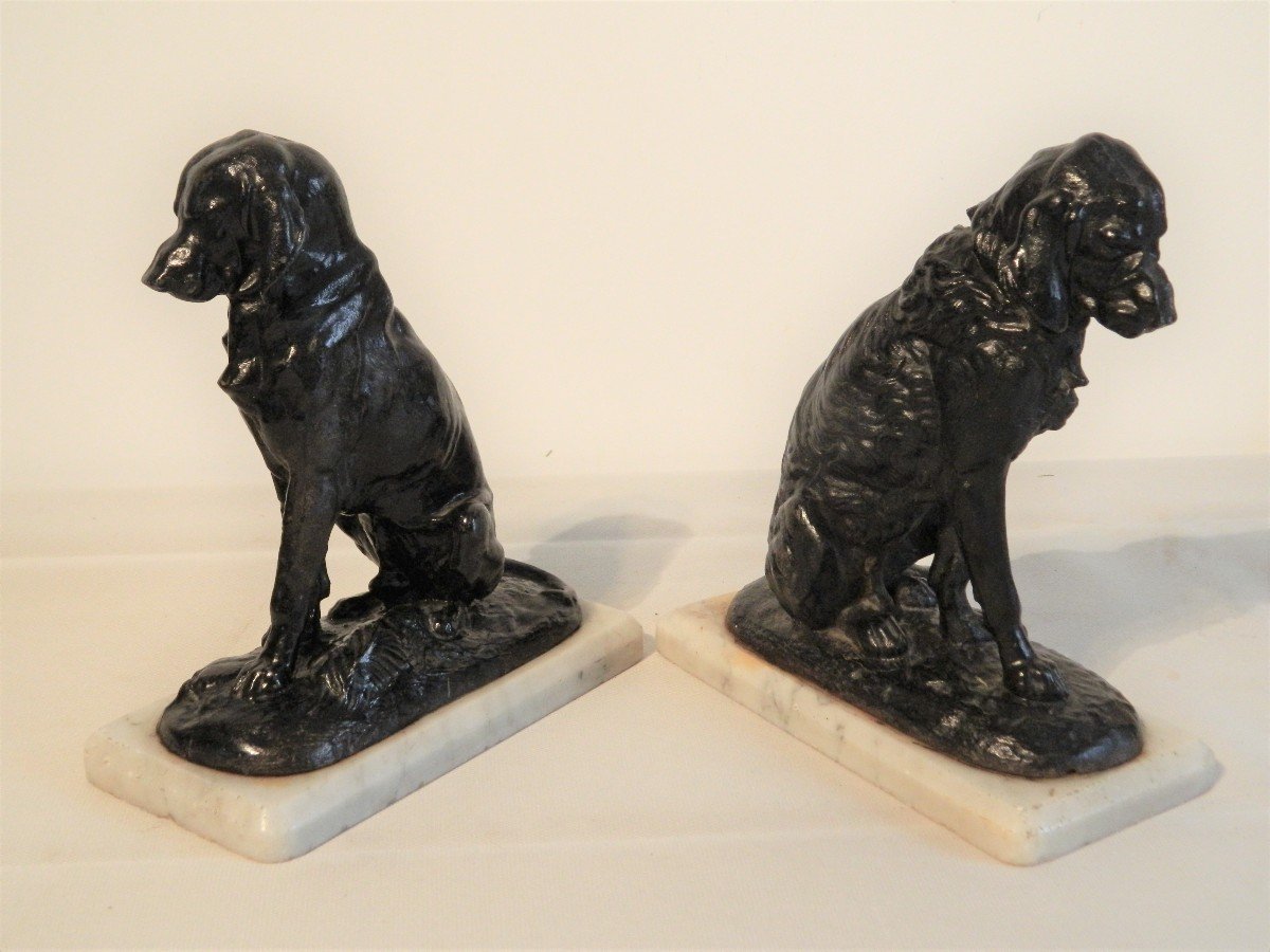 Hunting Dogs After Jacquemart - Pair Of Cast Iron And Marble Bookends-photo-4