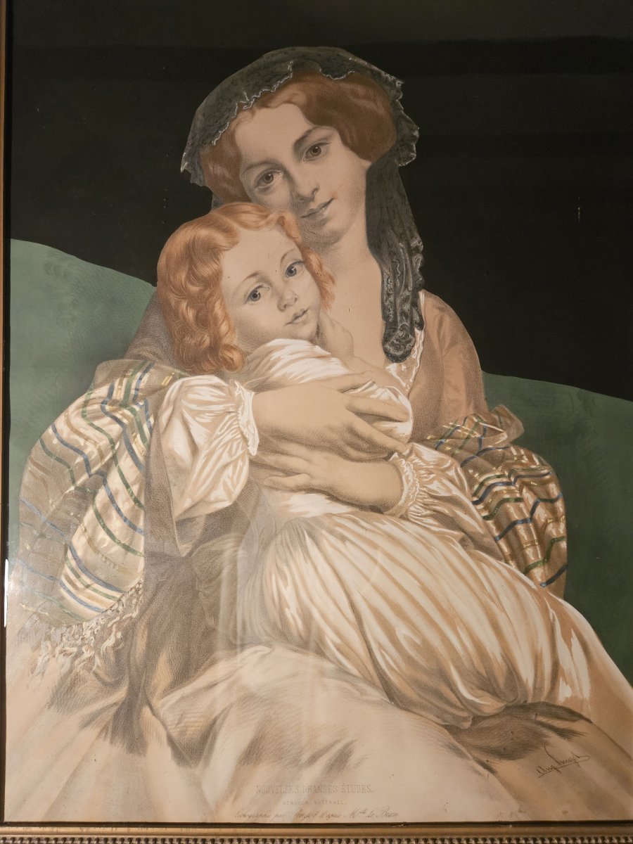 Lithographie "Bonheur Maternel" par Pingot d'après Melle Le Brun-photo-2