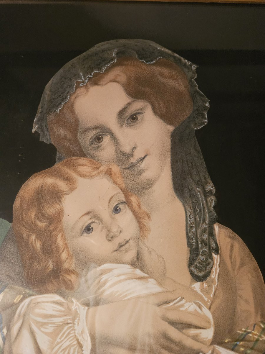 Lithographie "Bonheur Maternel" par Pingot d'après Melle Le Brun-photo-3