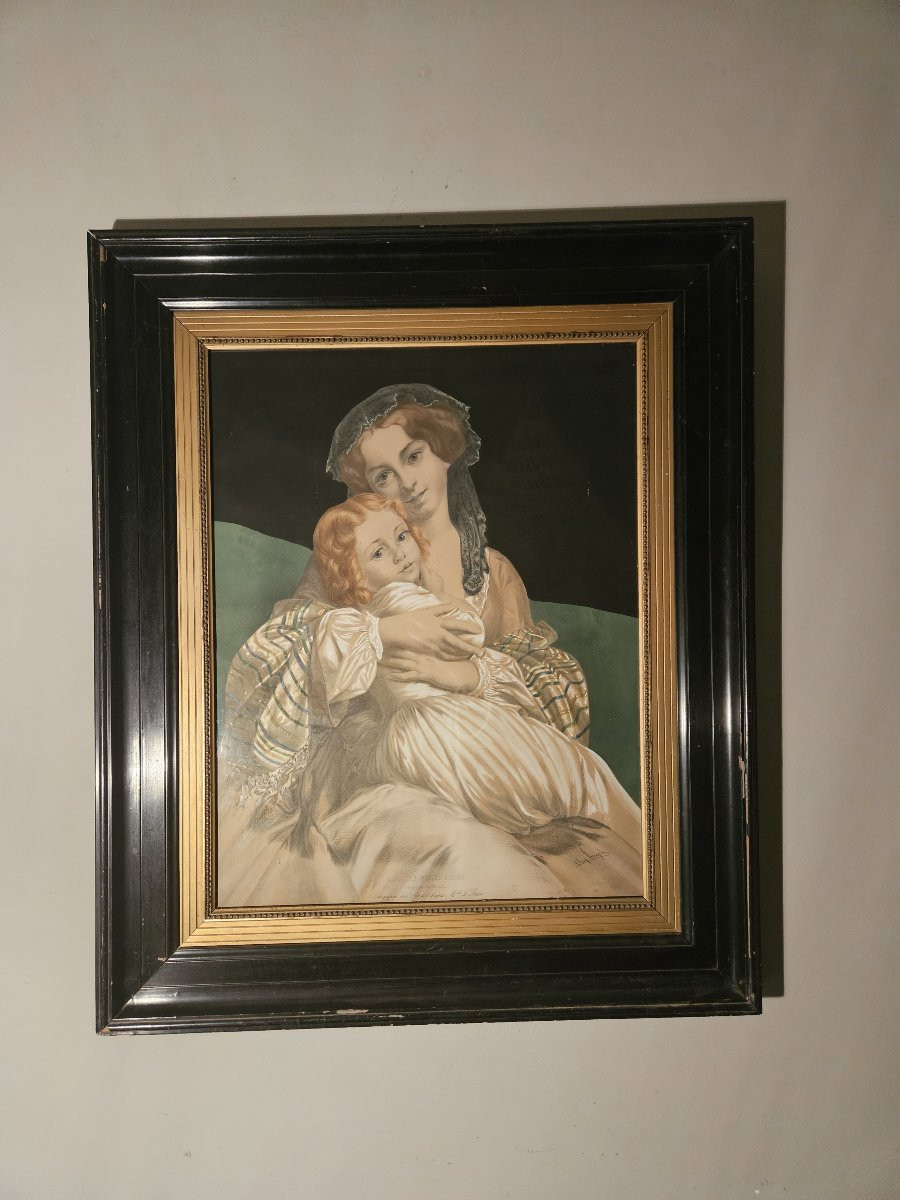 Lithographie "Bonheur Maternel" par Pingot d'après Melle Le Brun-photo-3