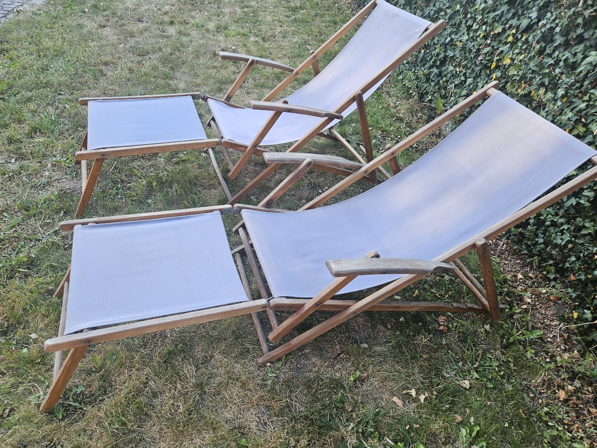 Vintage paire de transats en bois et toile. -photo-2