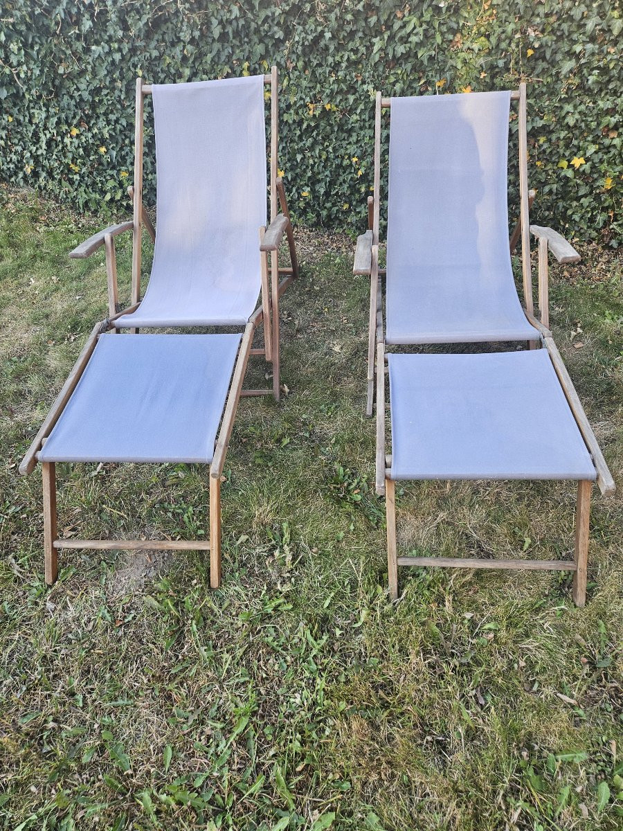 Vintage paire de transats en bois et toile. -photo-3