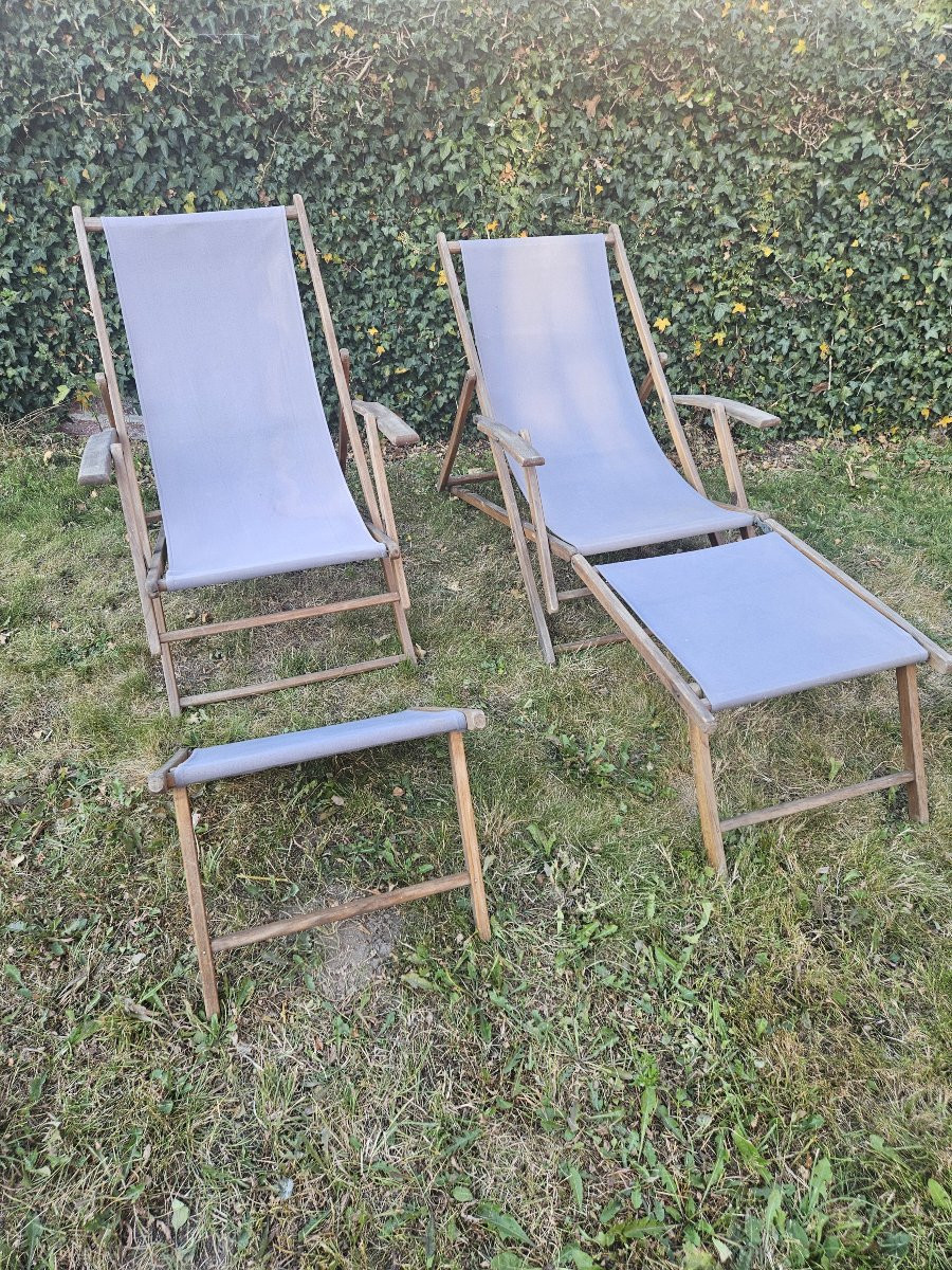 Vintage paire de transats en bois et toile. -photo-4