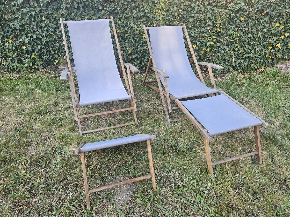 Vintage paire de transats en bois et toile. -photo-1