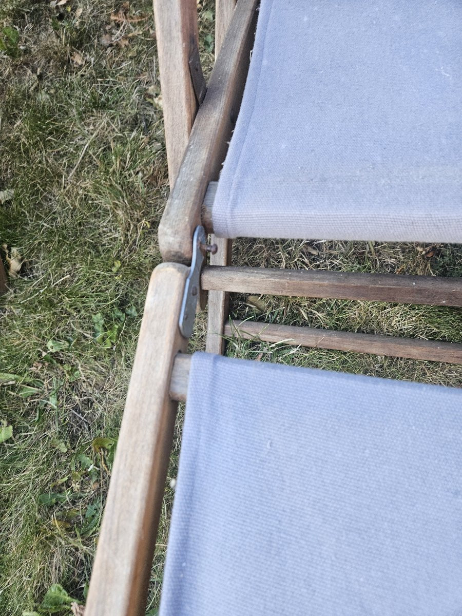 Vintage paire de transats en bois et toile. -photo-3