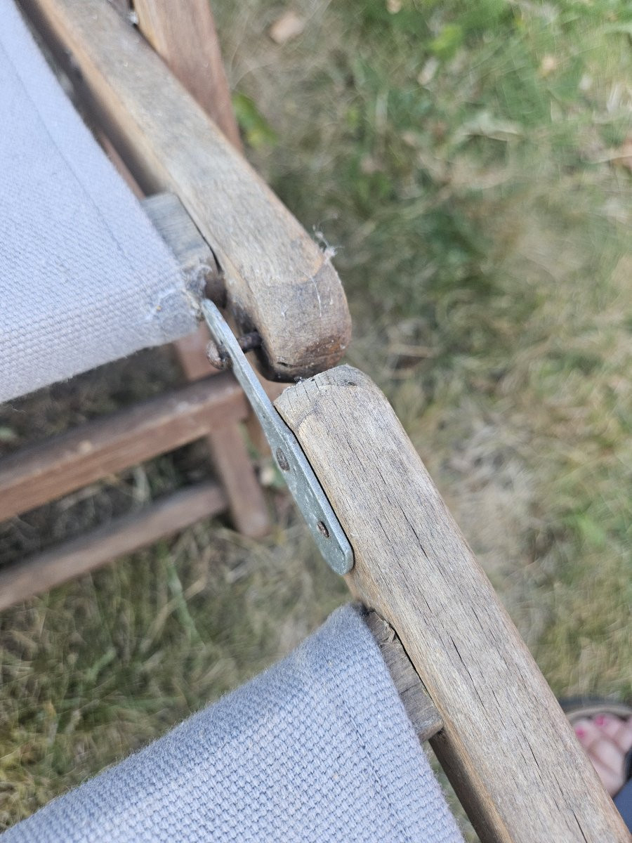 Vintage paire de transats en bois et toile. -photo-4