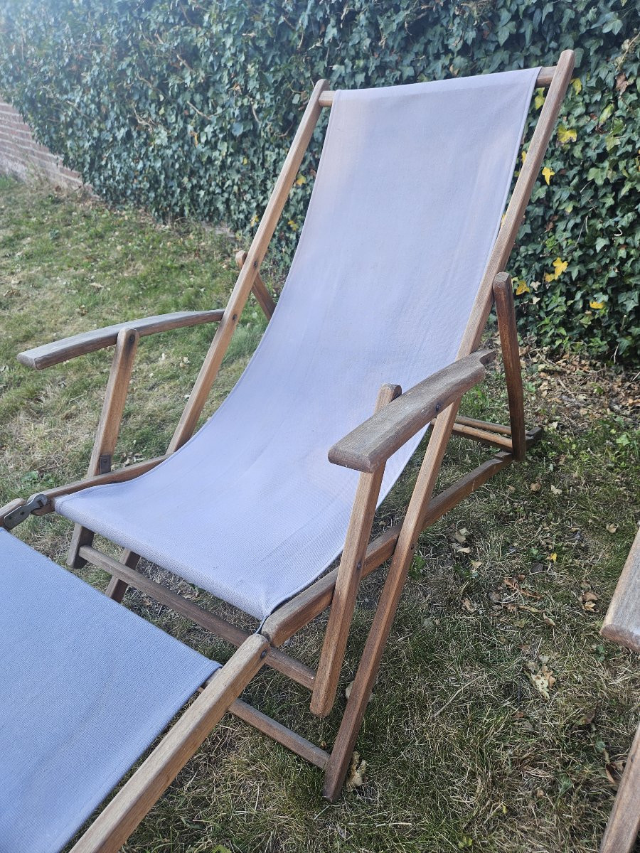 Vintage paire de transats en bois et toile. -photo-5