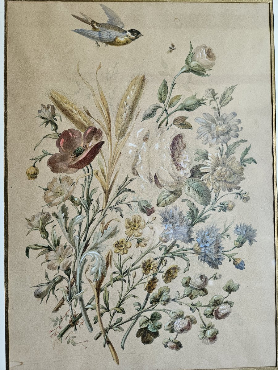 Fleurs et oiseau - Aquarelle 19ème siècle-photo-2