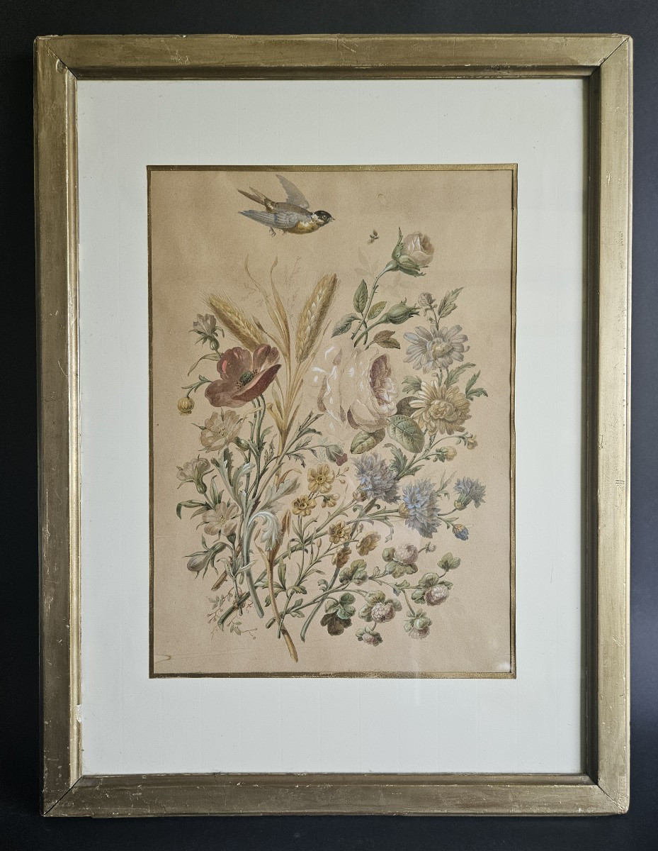 Fleurs et oiseau - Aquarelle 19ème siècle