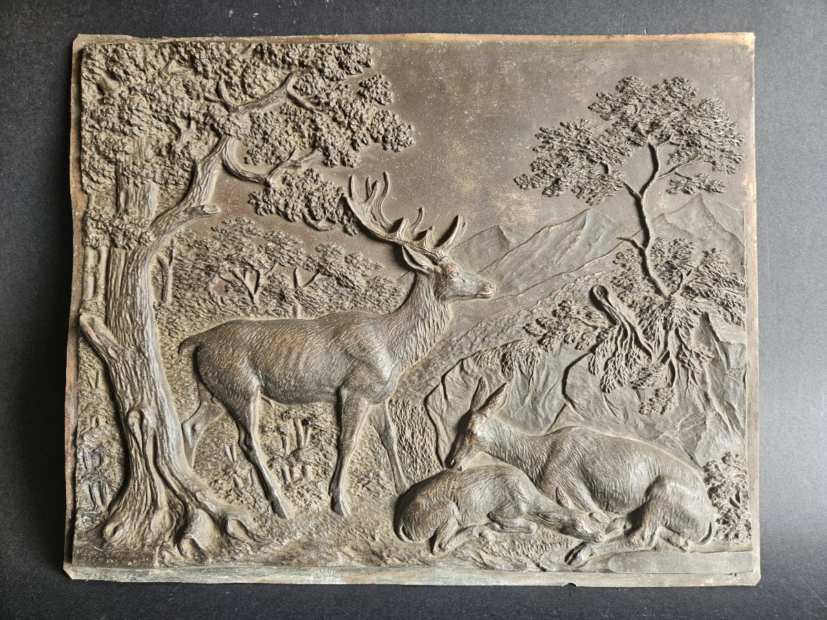 Paire de plaques en cuivre repoussé à motifs de chasse avec cerf et chevreuil, 19ème siècle-photo-2