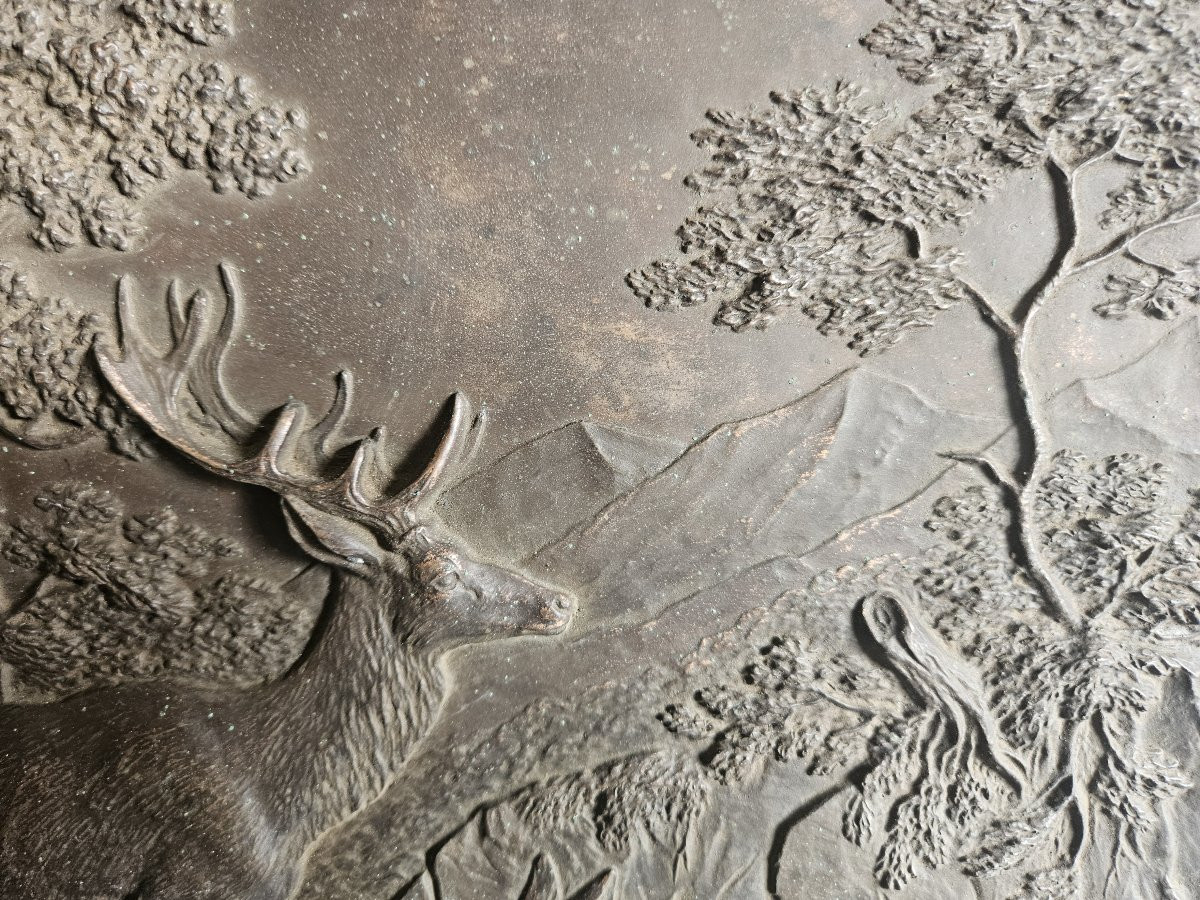 Paire de plaques en cuivre repoussé à motifs de chasse avec cerf et chevreuil, 19ème siècle-photo-4