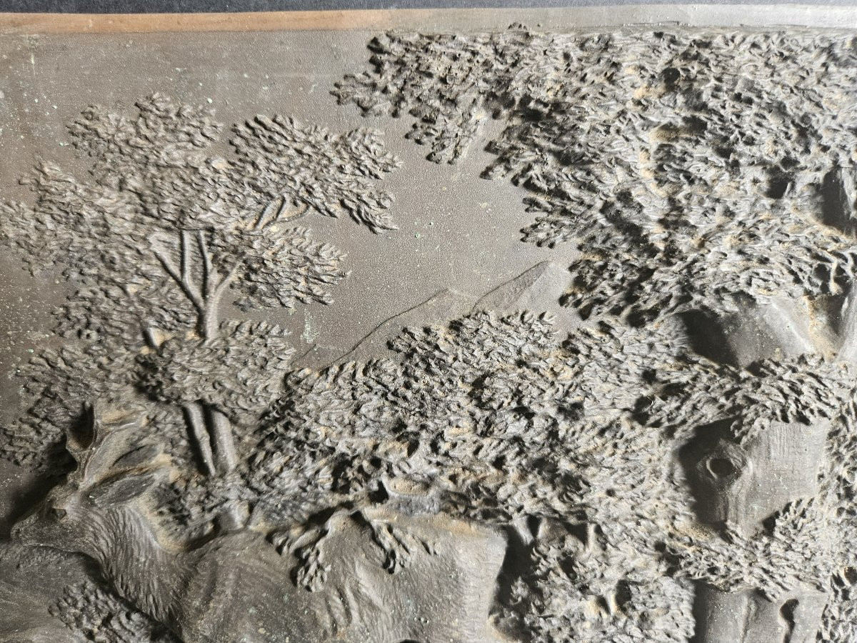 Paire de plaques en cuivre repoussé à motifs de chasse avec cerf et chevreuil, 19ème siècle-photo-4