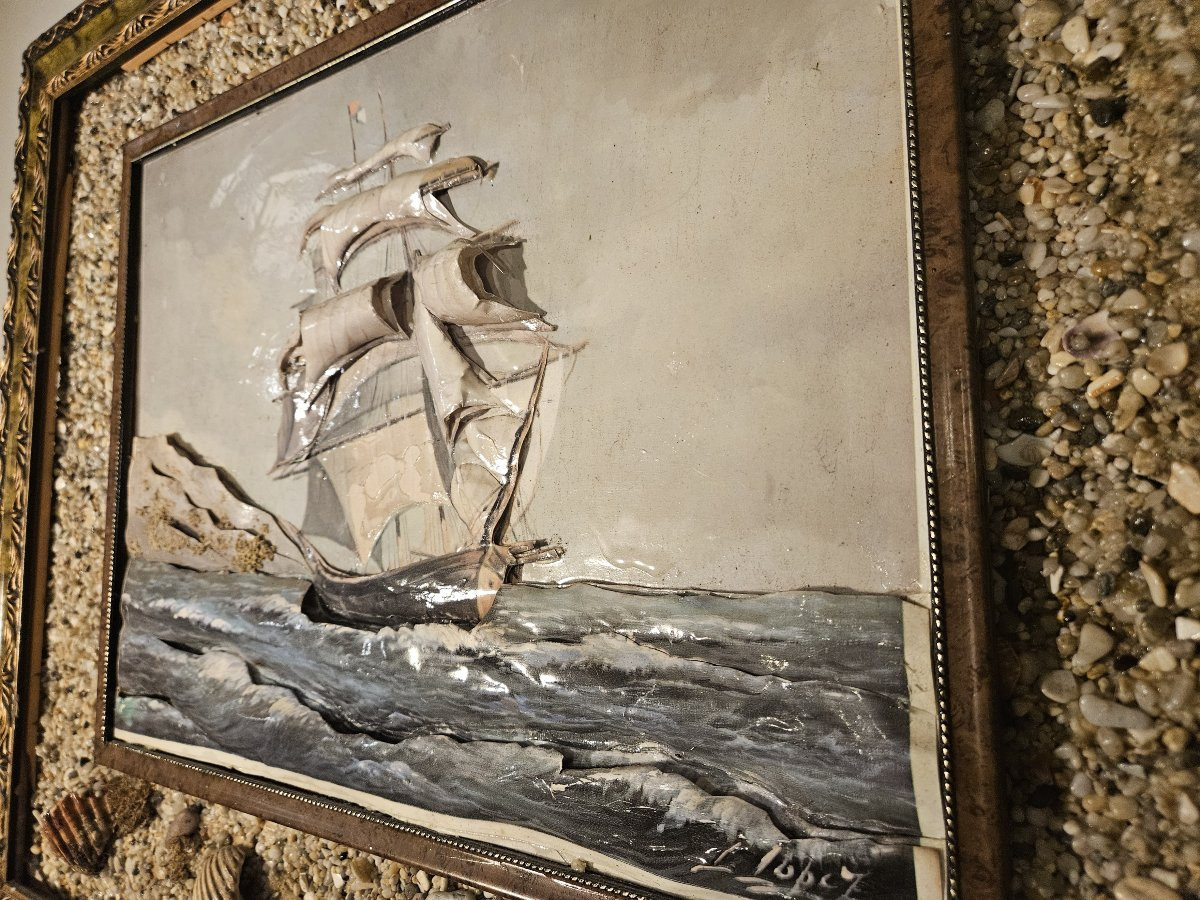 Lithographie marine en relief avec encadrement en coquillage-photo-2