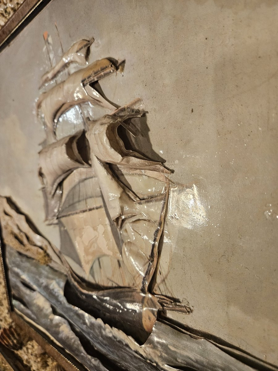 Lithographie marine en relief avec encadrement en coquillage-photo-3