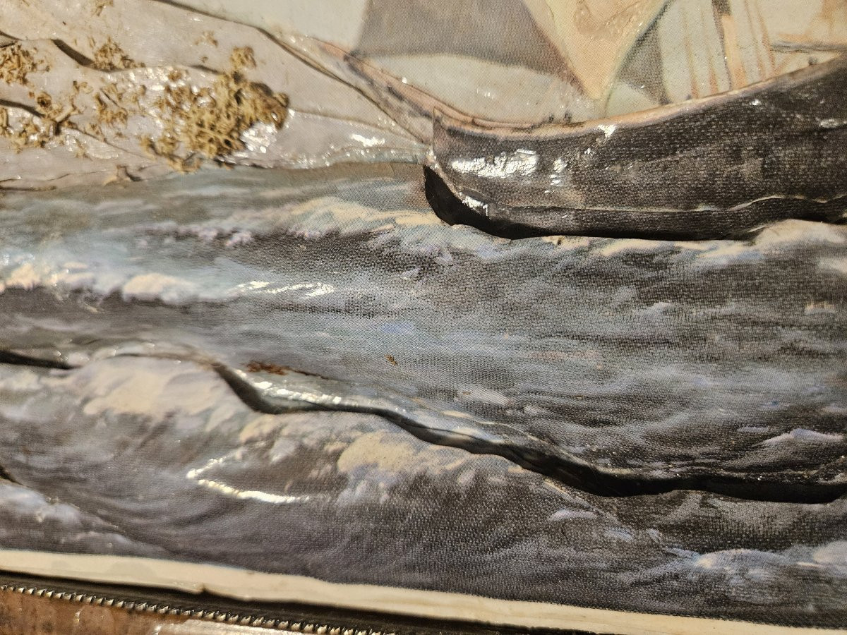 Lithographie marine en relief avec encadrement en coquillage-photo-2