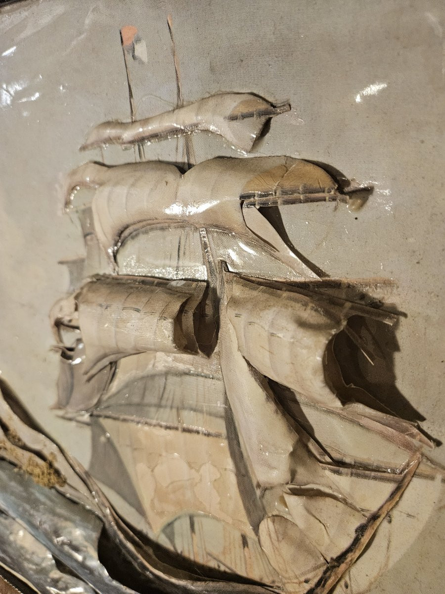 Lithographie marine en relief avec encadrement en coquillage-photo-3