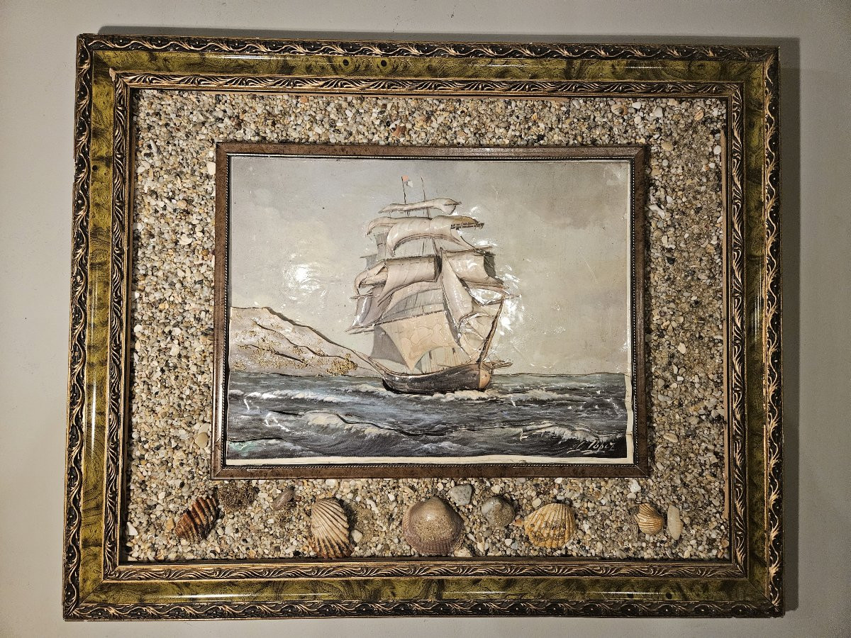 Lithographie marine en relief avec encadrement en coquillage-photo-4