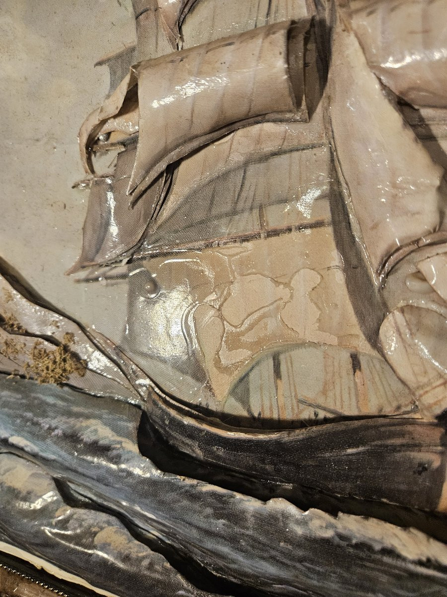 Lithographie marine en relief avec encadrement en coquillage-photo-5