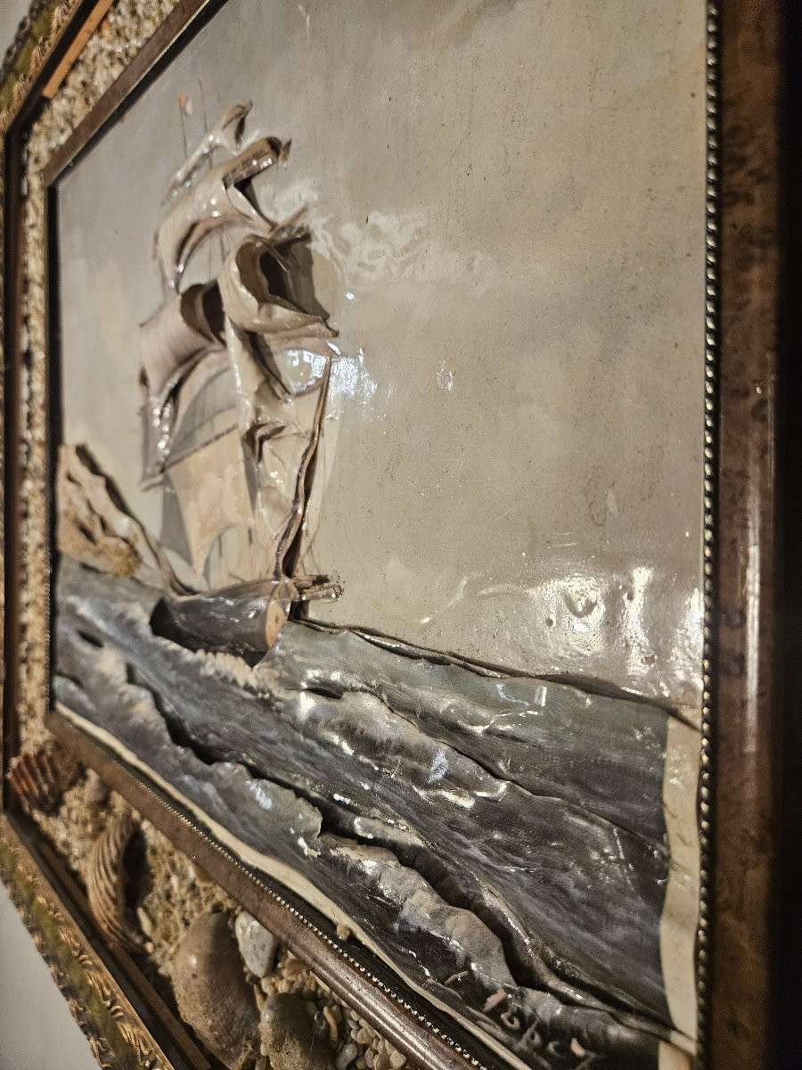 Lithographie marine en relief avec encadrement en coquillage-photo-6