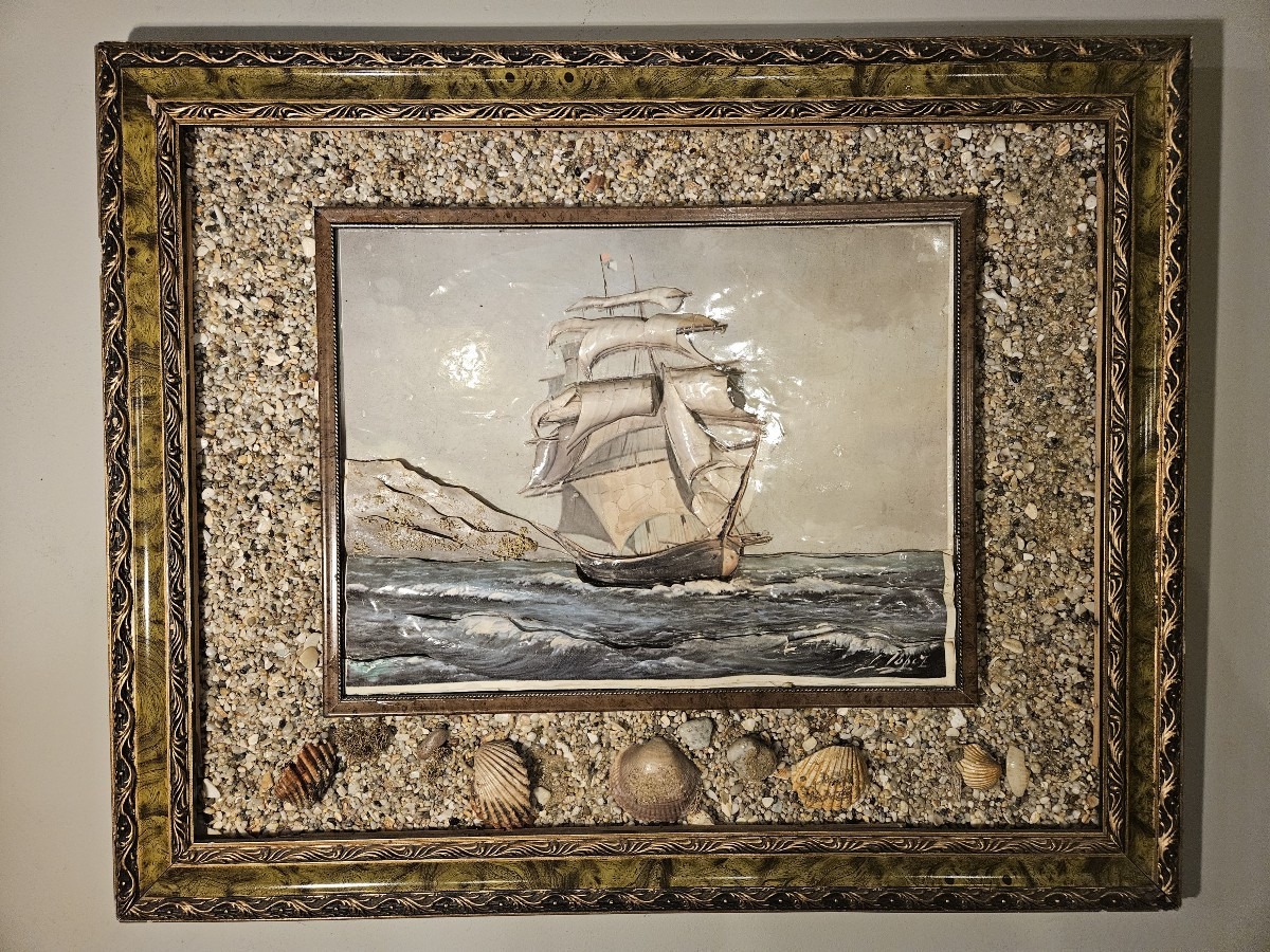 Lithographie marine en relief avec encadrement en coquillage