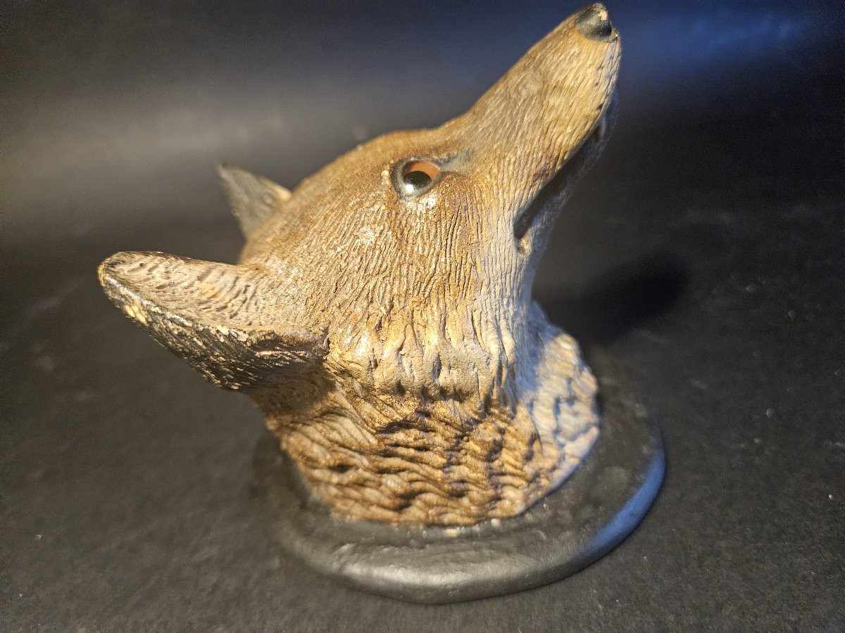 Tête de renard en terre cuite polychrome-photo-2