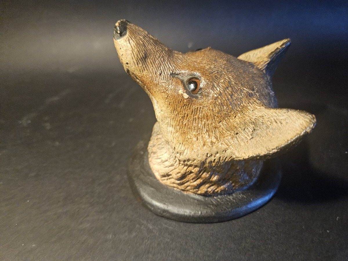 Tête de renard en terre cuite polychrome-photo-3