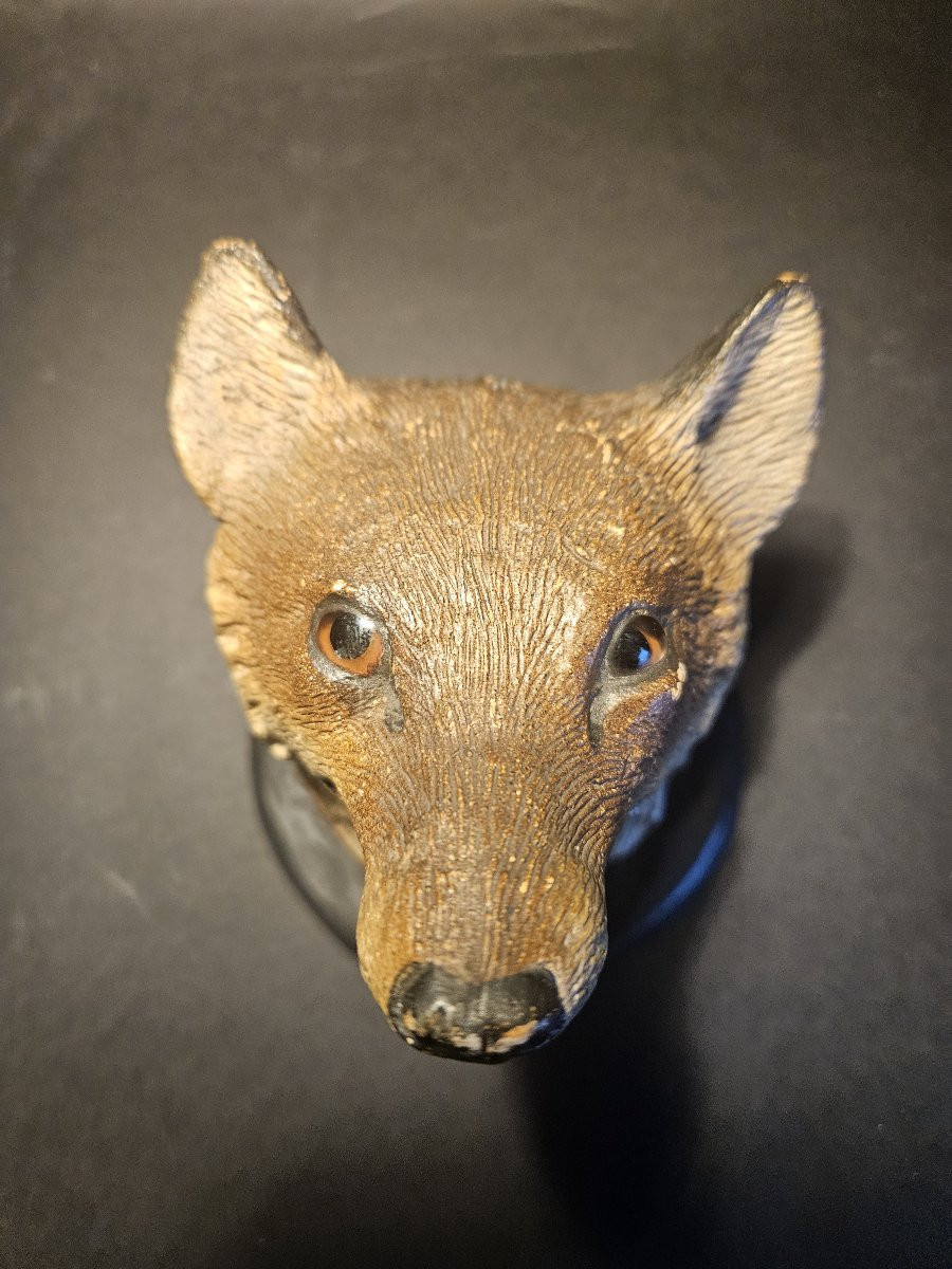 Tête de renard en terre cuite polychrome-photo-4