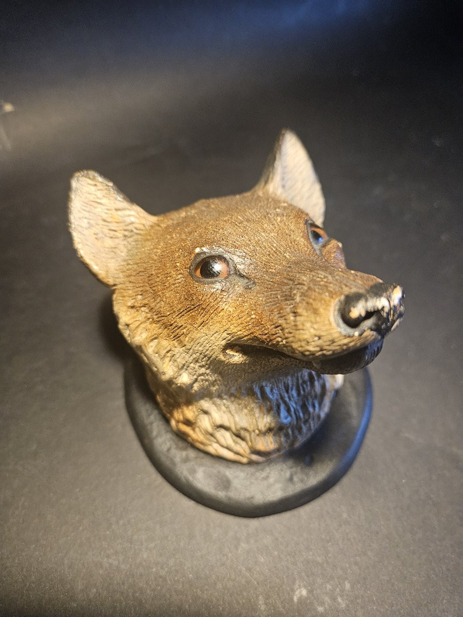 Tête de renard en terre cuite polychrome-photo-1