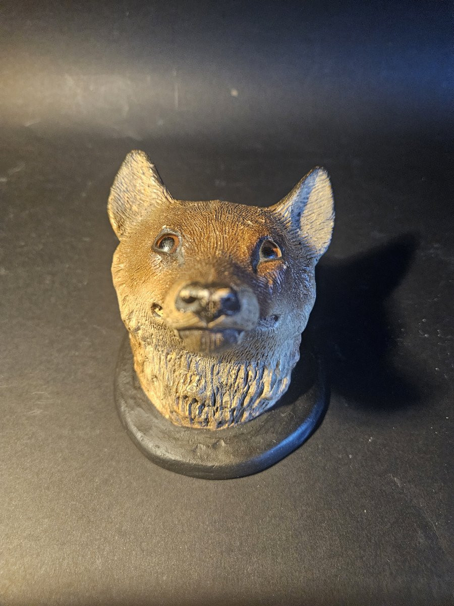 Tête de renard en terre cuite polychrome-photo-3