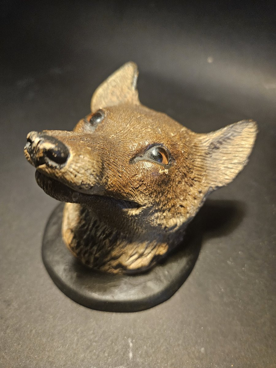 Tête de renard en terre cuite polychrome-photo-4