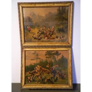 Pair Of Lithographs "deer Hunting"